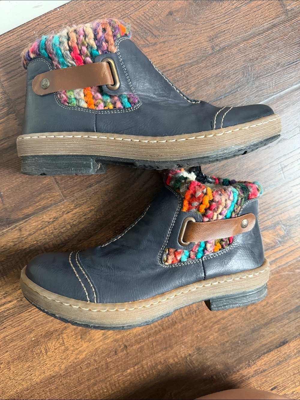 Rieker Felicitas Ankle Boots EU 37 US 6.5 Blue Leather Multicolor Knit Cuff - Picture 7 of 7